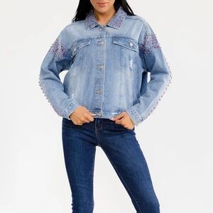 090 • Light Wash Denim Jacket with Pink Studs